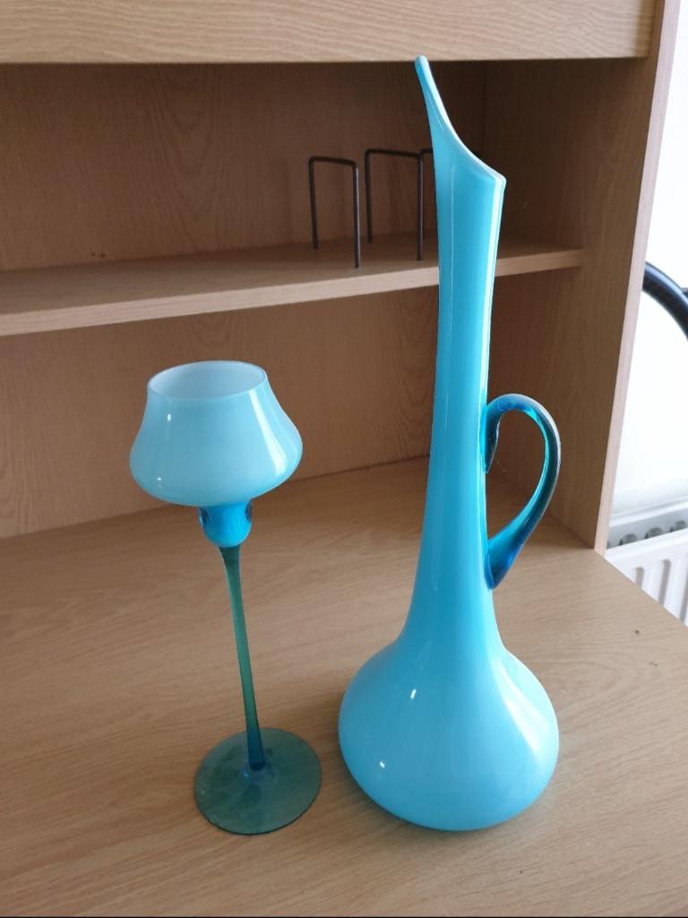 Vintage Opaline vaas en glas, Verzamelen, Retro, Huis en Inrichting, Ophalen