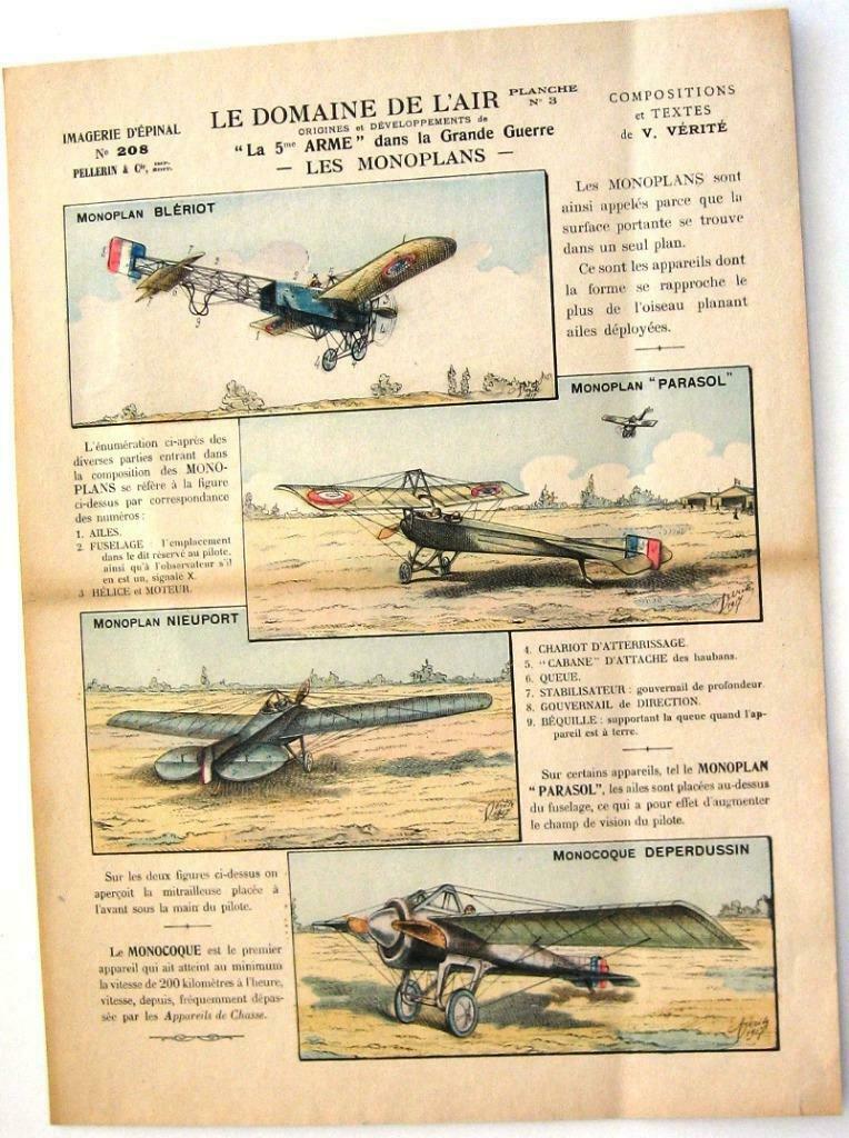 Les Monoplans 1917 Le Domaine de l'Air Lithografie Vliegtuig, Antiek en Kunst, Ophalen of Verzenden
