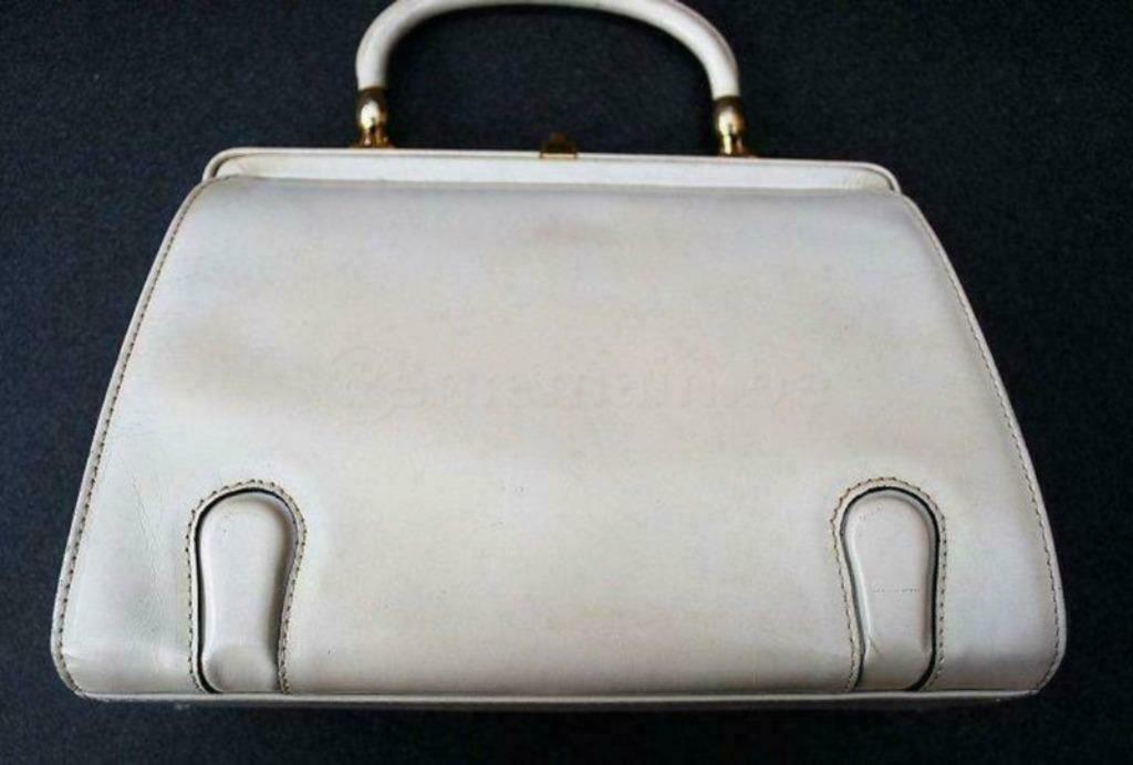 Sac à main vintage cuir blanc cassé 50/60's, Enlèvement ou Envoi, Utilisé, Blanc, Sac à main