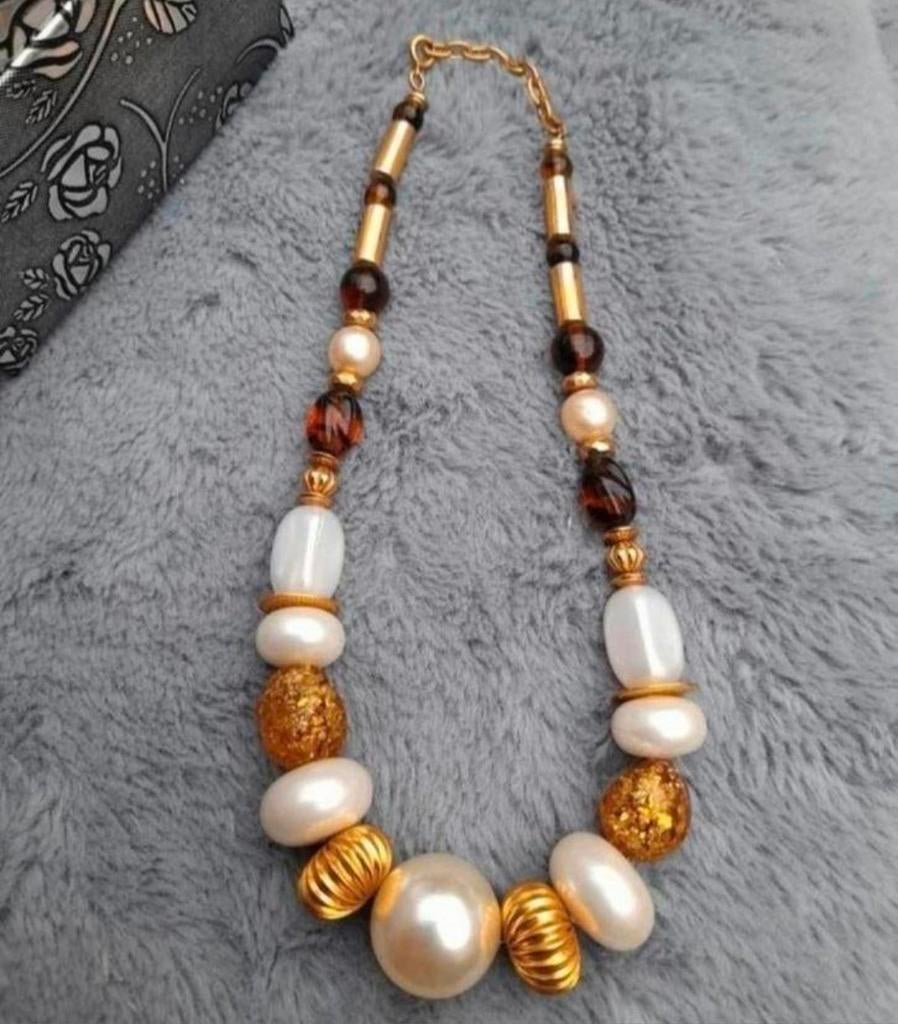 Vintage exotische parelketting met grote parels en Amber, Handtassen en Accessoires, Antieke sieraden, Ophalen of Verzenden