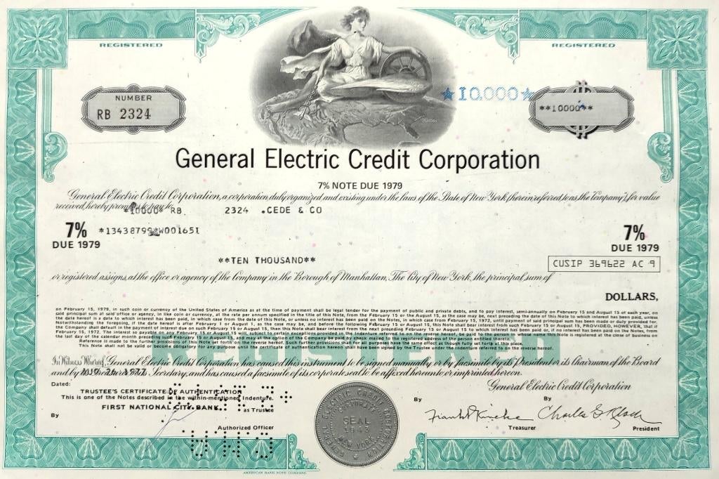 GENERAL ELECTRIC 1977, Ophalen of Verzenden, 1970 tot heden, Obligatie of Lening