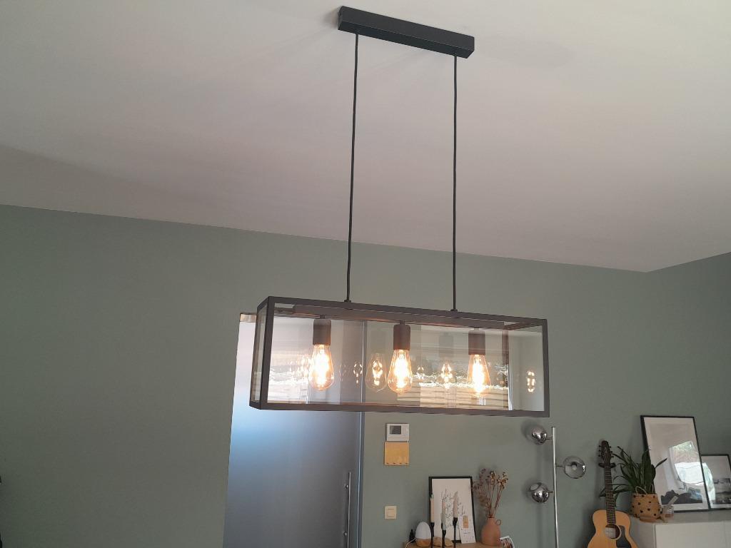 Hanglamp 3 lampen zwart metaal en glas nieuwstaat, Huis en Inrichting, Lampen | Hanglampen, Zo goed als nieuw, Glas, Metaal, Ophalen
