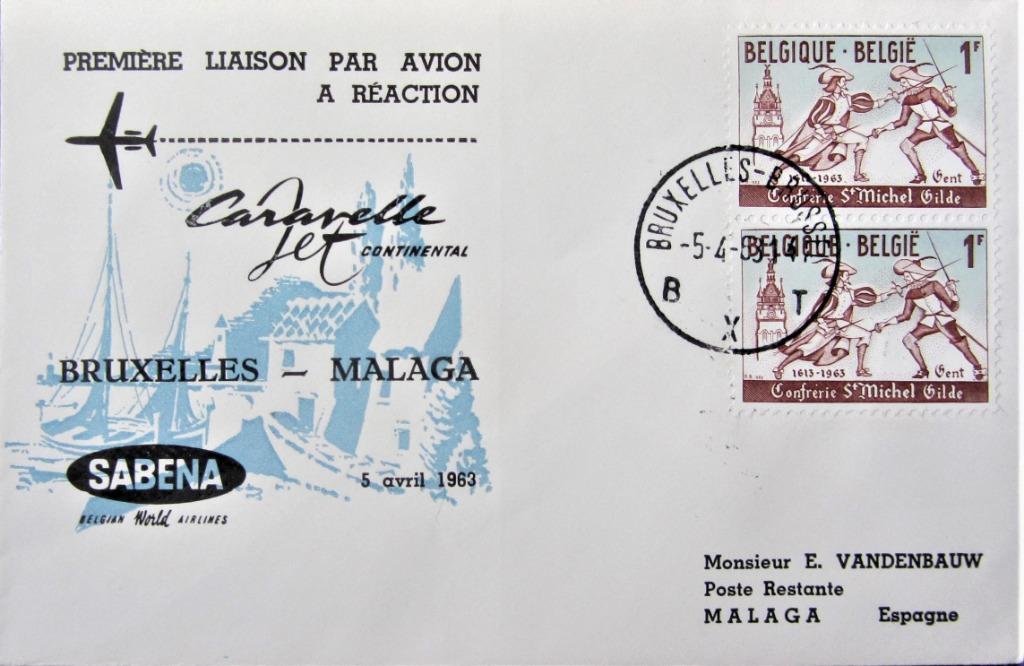 FDC SABENA- BRUSSEL- MALAGA 1963, Enlèvement ou Envoi, Affranchi, Avions