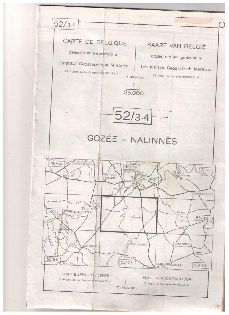 Militaire kaart van België - Gozée, Nalinnes 52/3-4 - 1970, Verzamelen, Ophalen of Verzenden, Gebruikt
