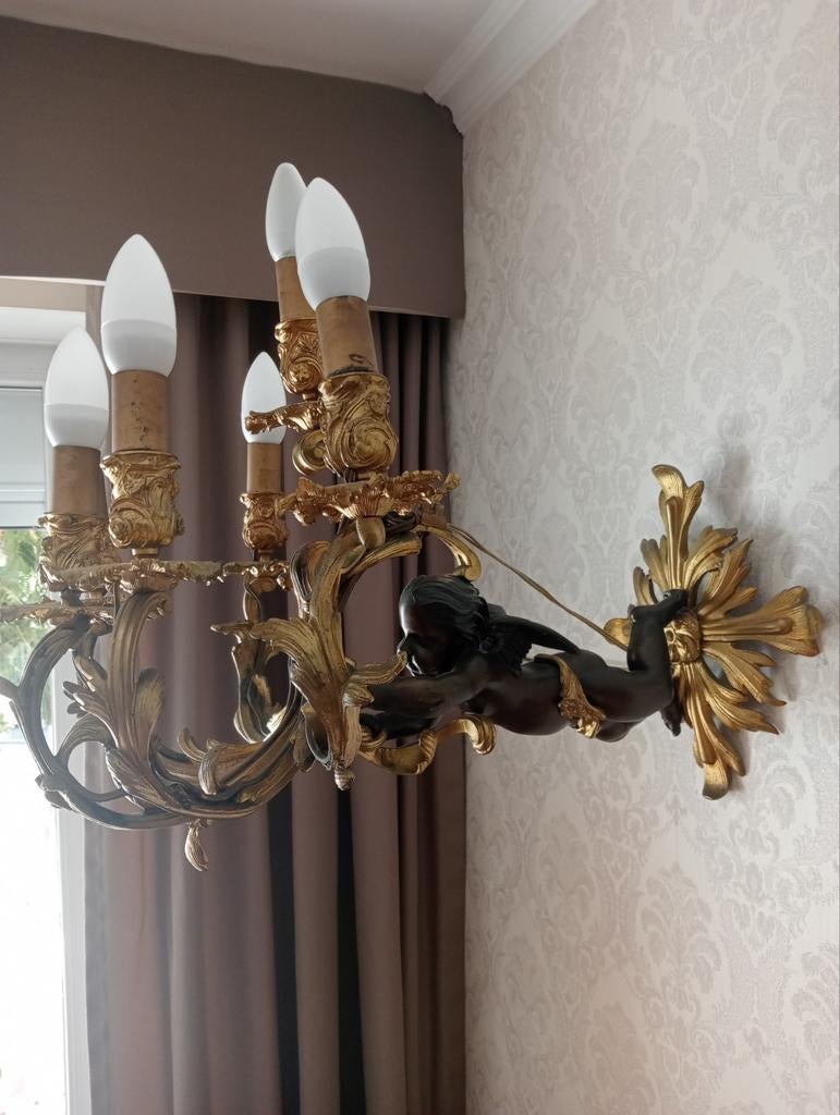Bronzen engel antiek dorée applique 1890 met 6 lichtpunten, Antiek en Kunst, Antiek | Verlichting, Ophalen