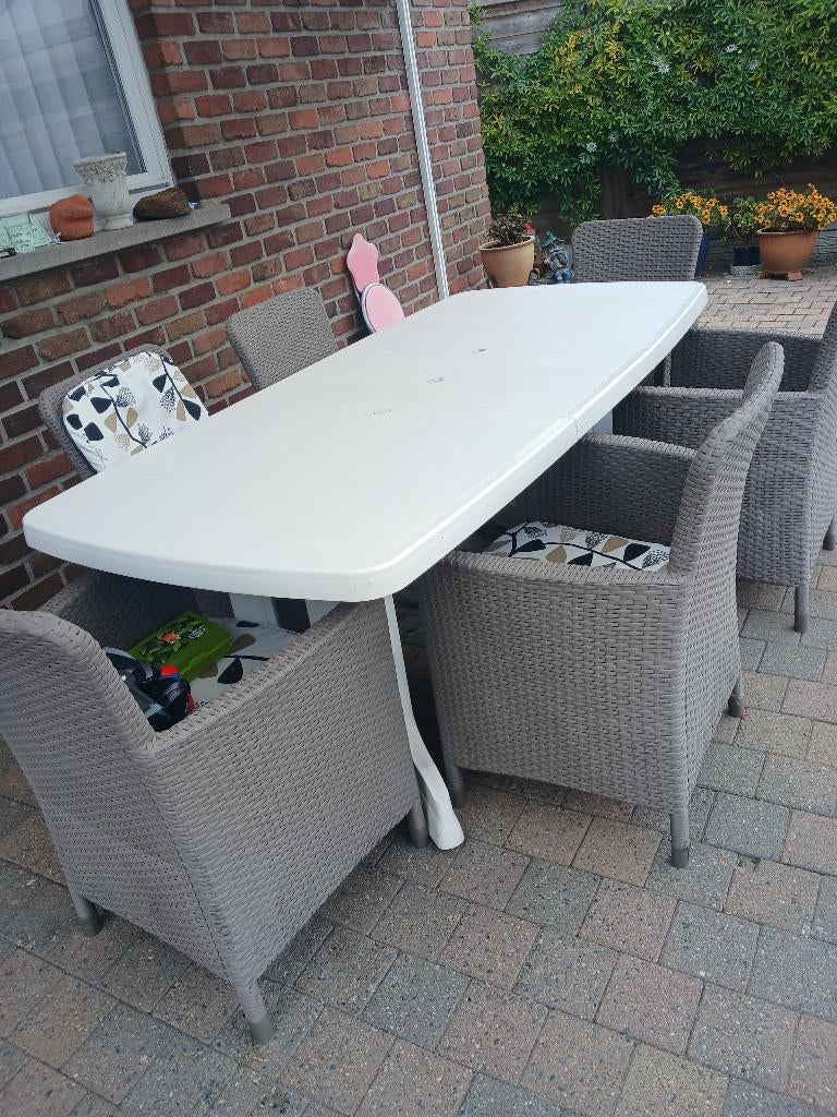 Tuintafel met 6 stoelen, Tuin en Terras, Tuintafels, Gebruikt, Rechthoekig, Wicker, Ophalen