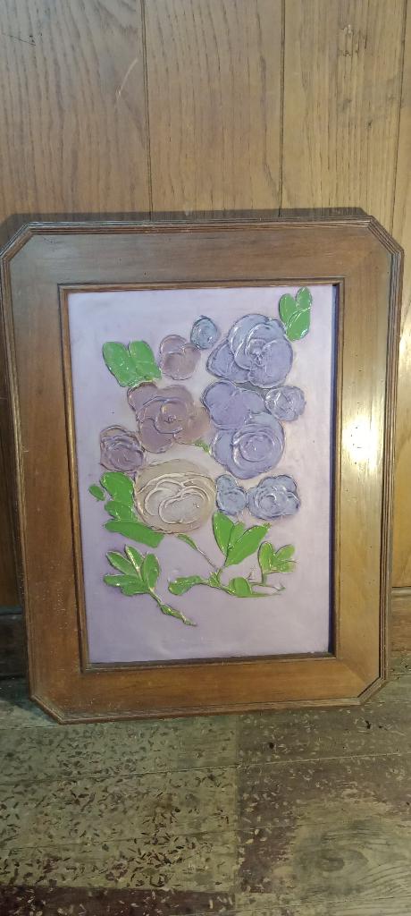 Peinture Relief Fleurs Cadre Bois Ancien, 47x62, n6, Enlèvement ou Envoi, Vintage, Peinture acrylique, Fleurs