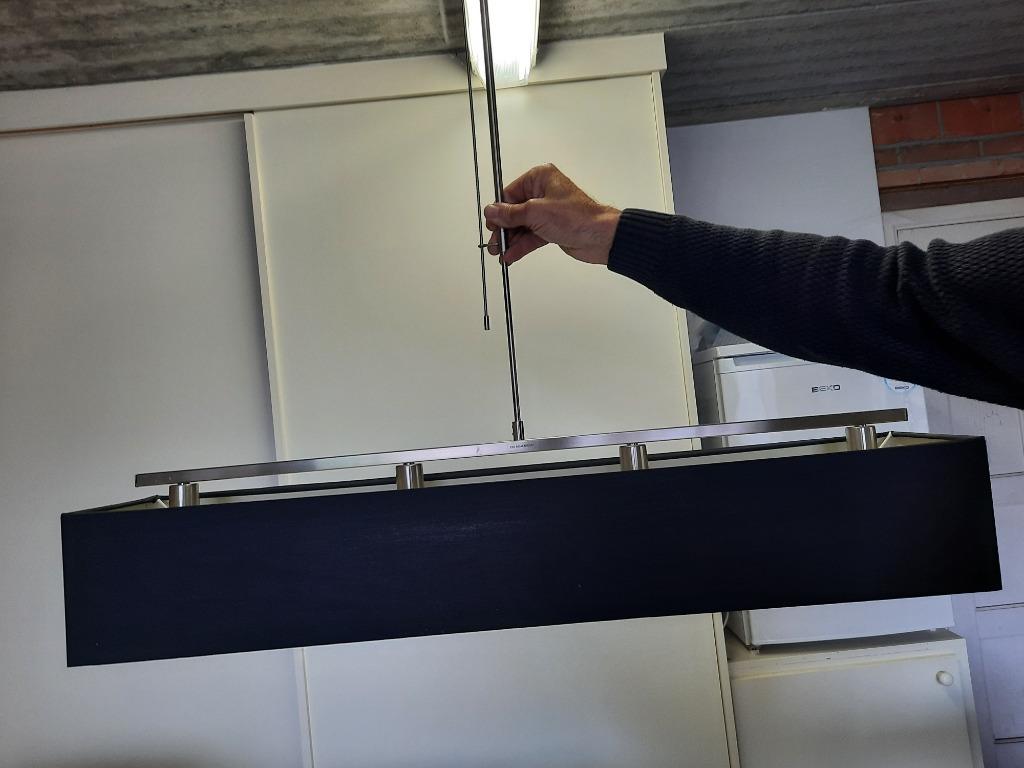 luster met zwart en inox (4 lichtpunten), Ophalen of Verzenden, Zo goed als nieuw, Stof, Modern