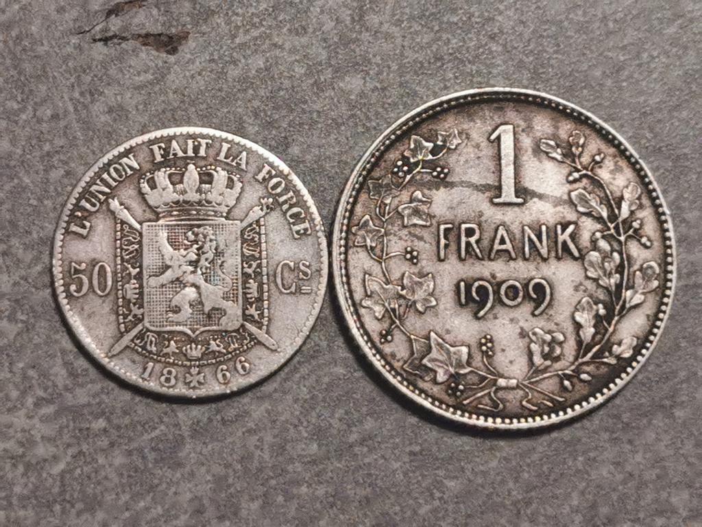 Belgie-1 Frank1909 + 50 centimes 1866 zilver, Setje, Zilver, Ophalen of Verzenden, Zilver