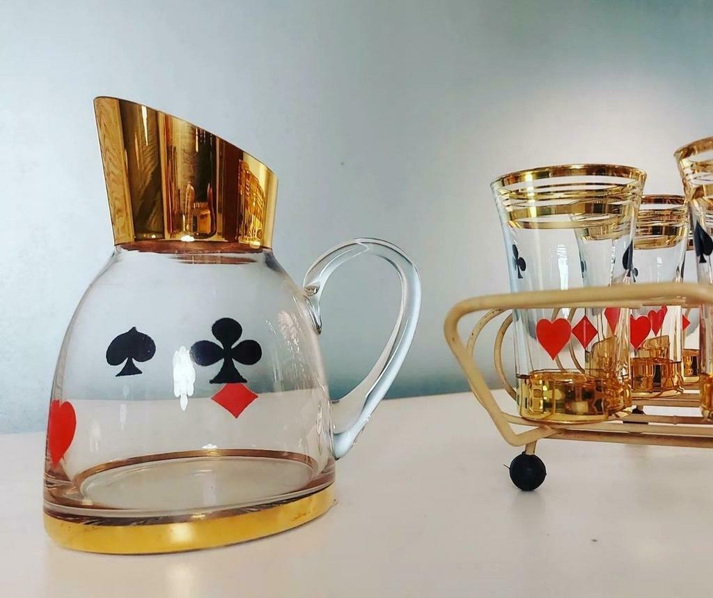 Glazen karaf en glaasjes jaren 50 speelkaarten, Antiek en Kunst, Ophalen of Verzenden