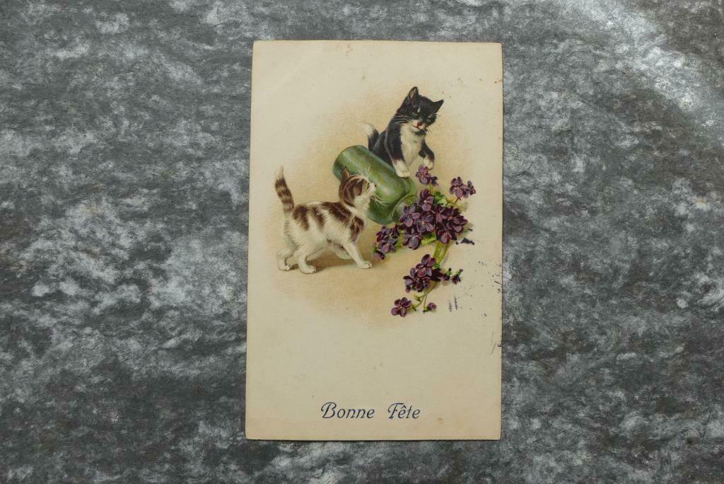 Postkaart WO I, 4/4/1918, Bonne fête, met poesjes, katjes, Envoi, Avant 1920, Affranchie, (Jour de) Fête
