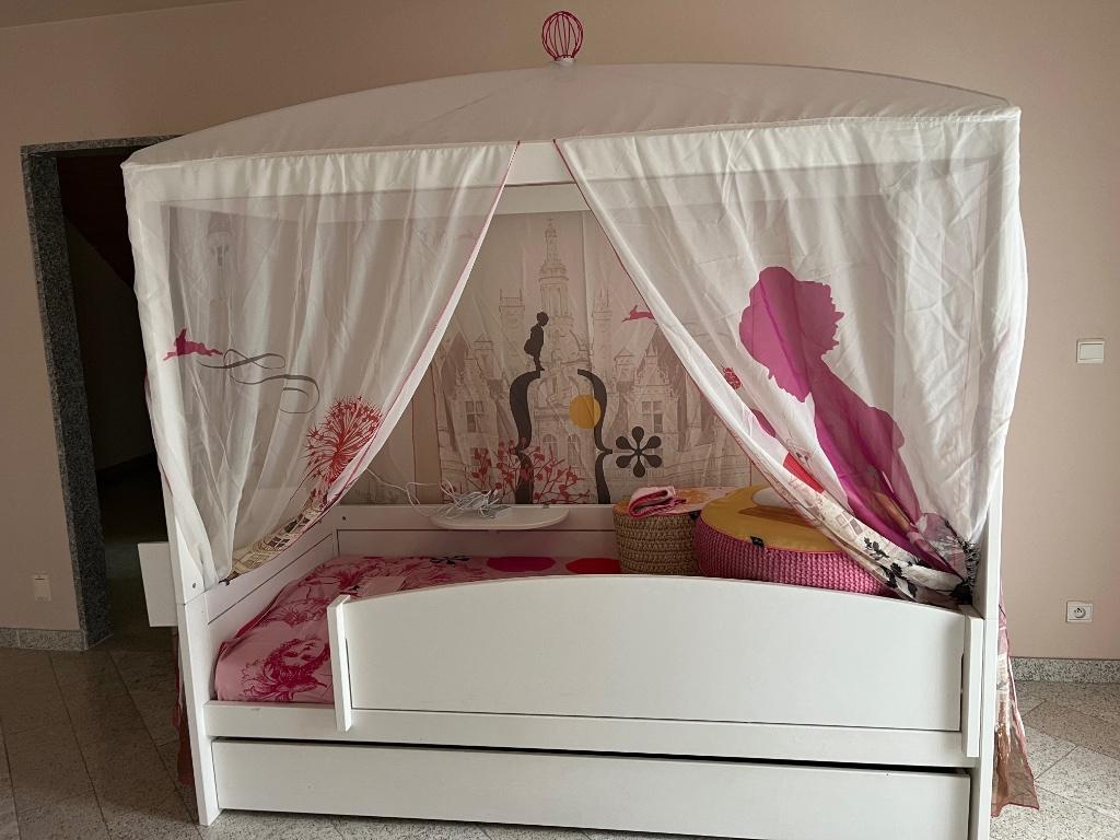Lifetime hemelbed Alice in Wonderland + bedlade, accessoires, 85 tot 100 cm, Gebruikt, 180 cm of meer, Ophalen