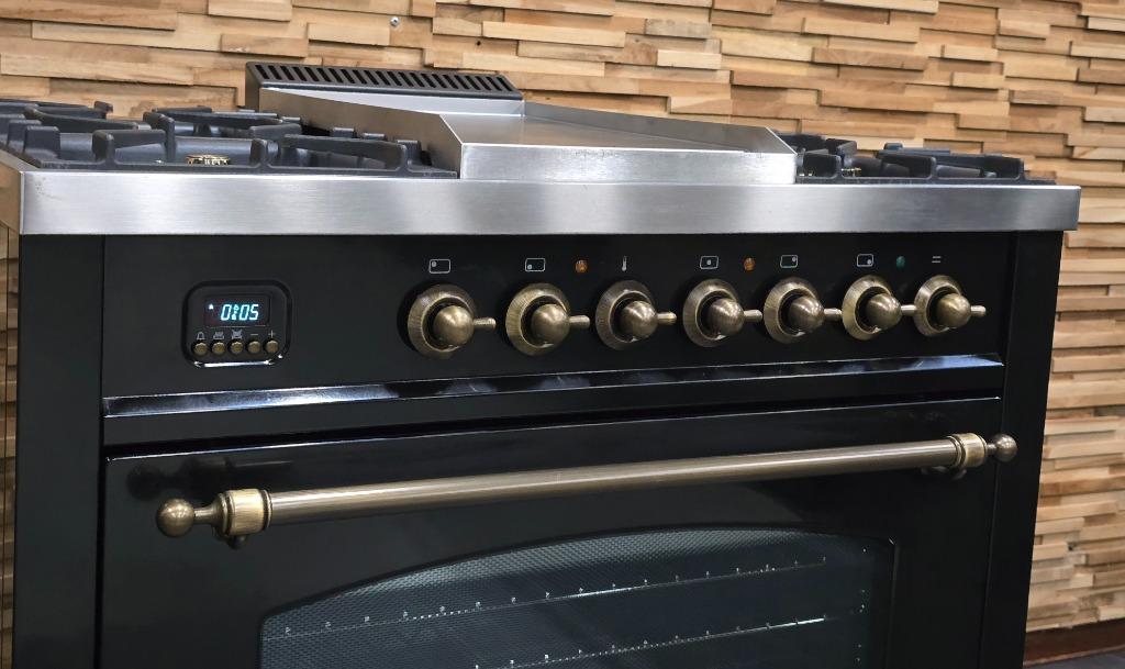 🔥Poêle Boretti de luxe 90 cm noir brillant + vieux cuivre, Gaz, Classe énergétique A ou plus économe, Enlèvement ou Envoi, Comme neuf