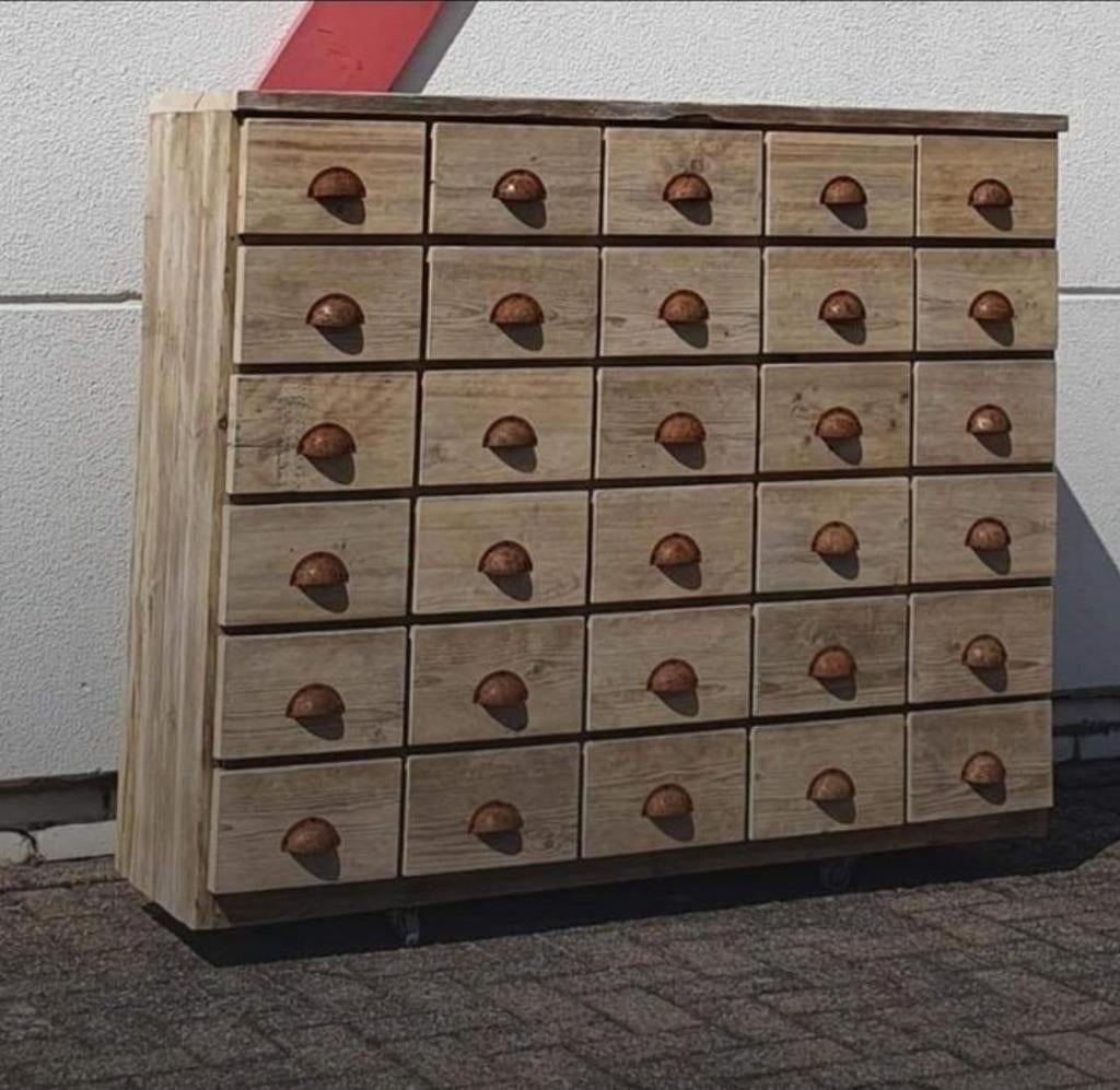 Steigerhouten apothekers vakkenkast., 100 tot 150 cm, 5 laden of meer, 100 tot 150 cm, Metaal