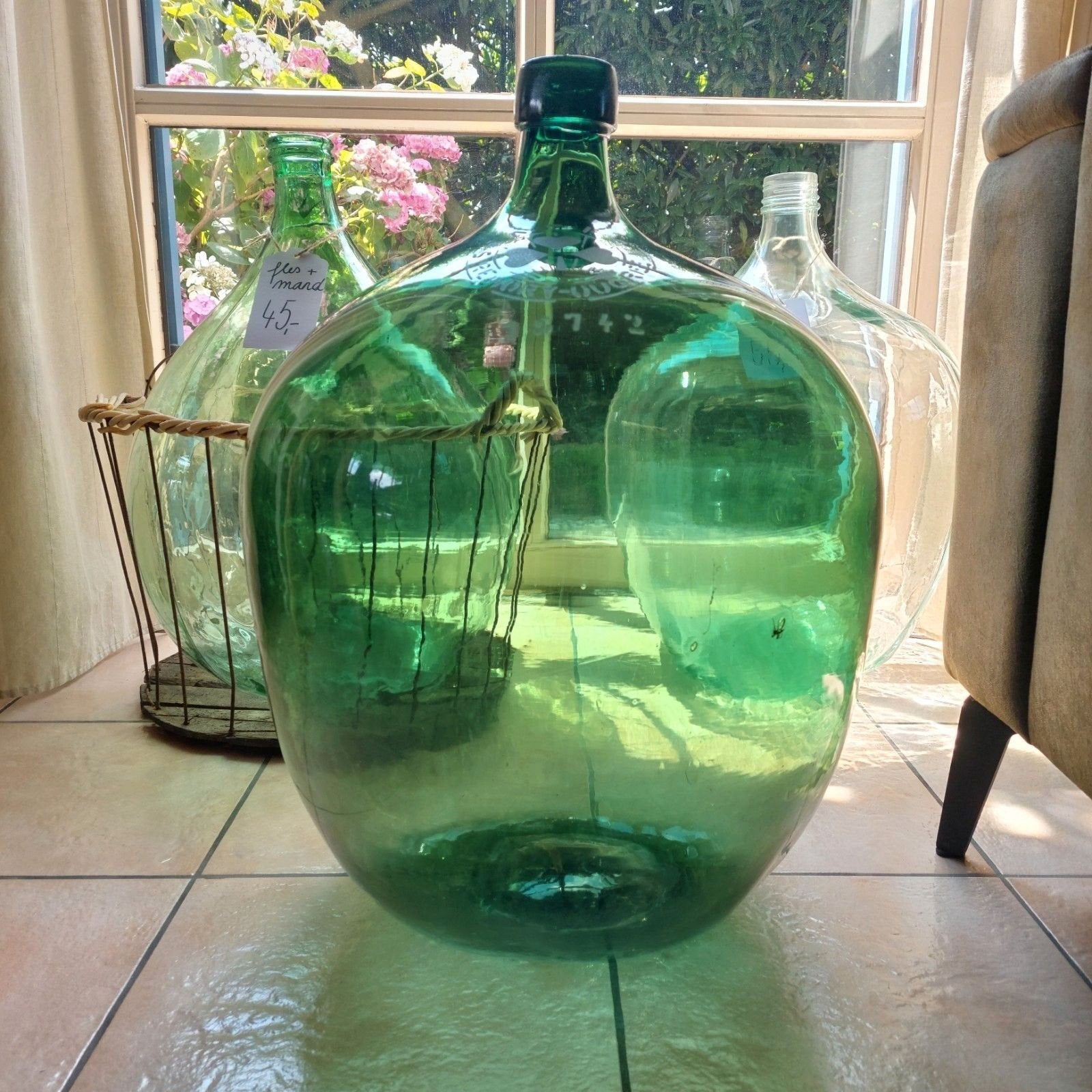 XL Dame Jeanne, Ophalen, 64 cm, Glas, Groen