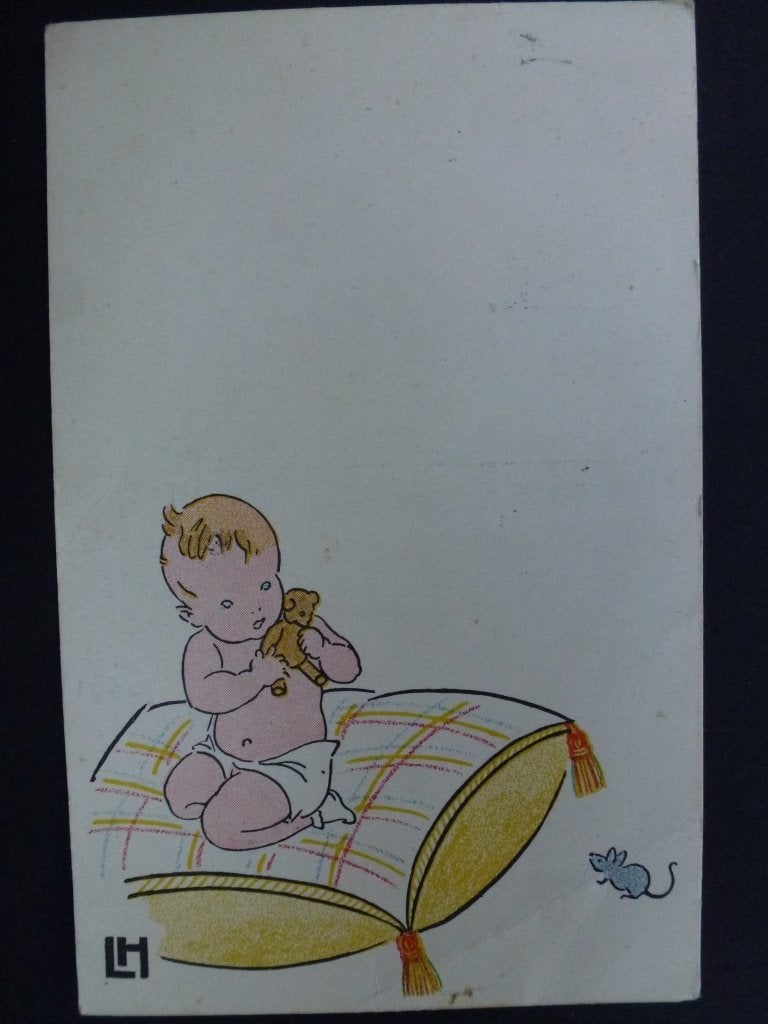 oude prentkaart baby met beertje en muis 1938, Verzamelen, Ophalen of Verzenden, 1920 tot 1940, Gelopen, Kinderen