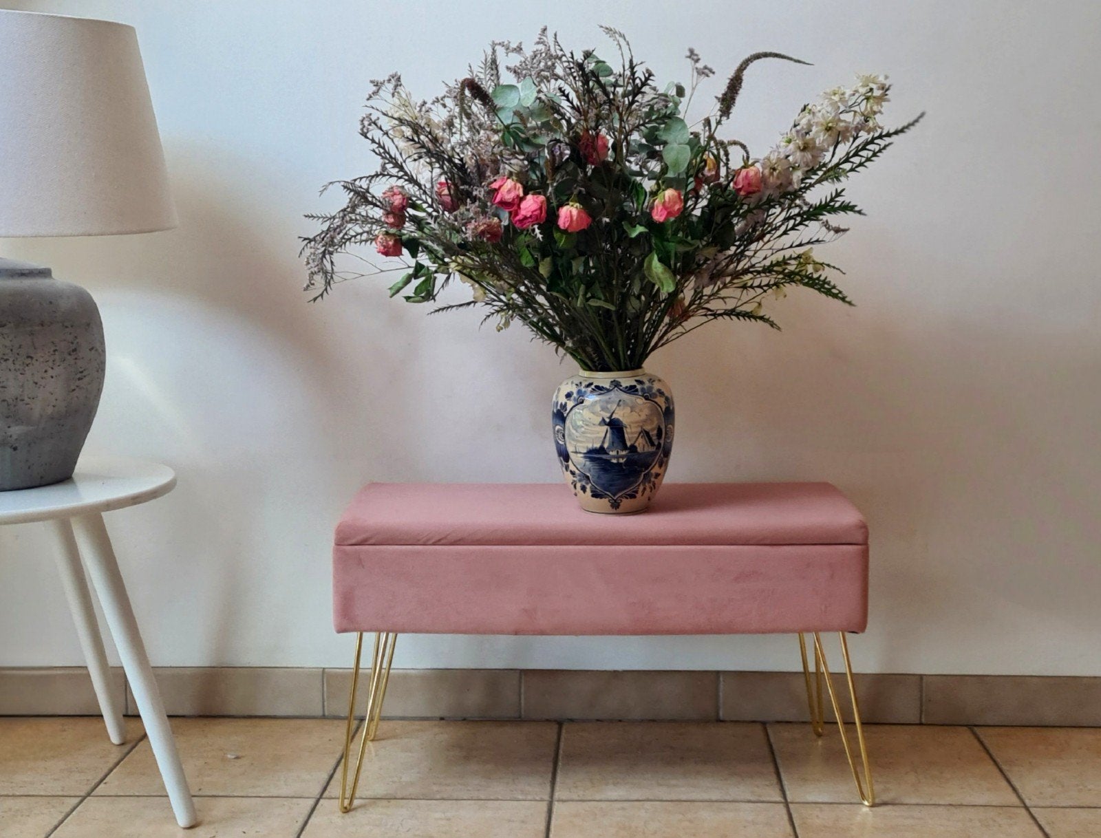 Poef/Opbergbankje/ Voetenbankje in roze zachte velvet, Enlèvement
