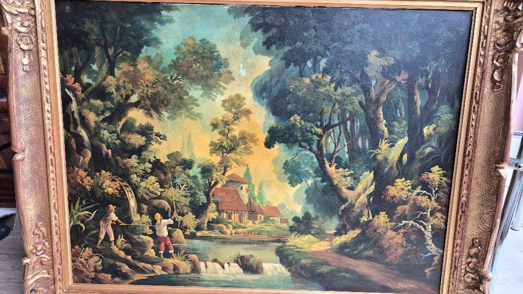 Peinture paysage fluvial, Antiquités & Art, Art | Peinture | Classique, Signé, Peinture à l'huile, Paysage, Enlèvement