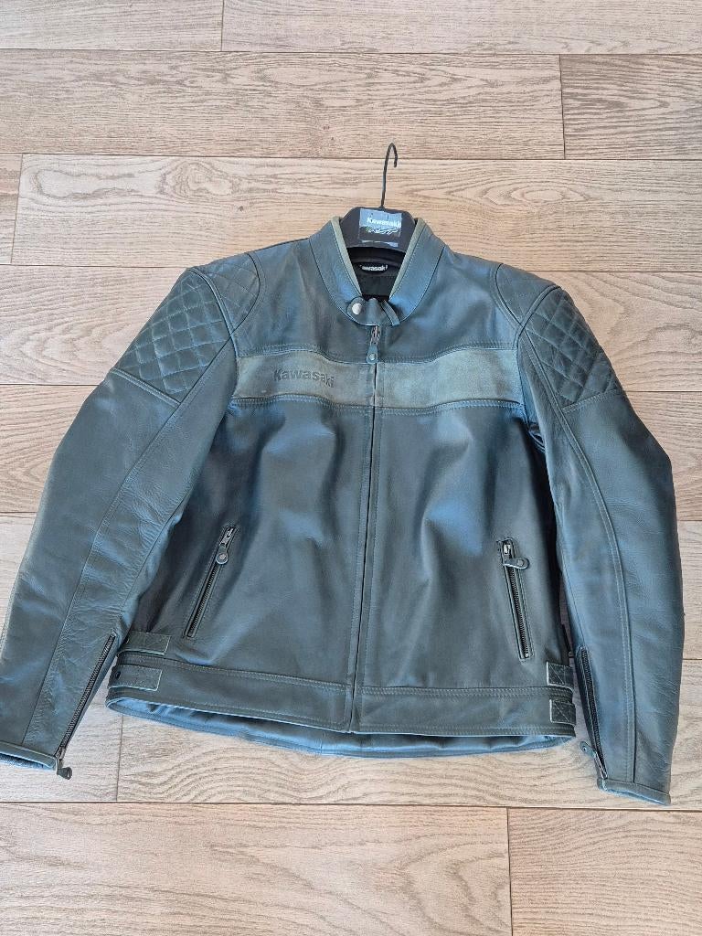 KAWASAKI GROENE LEREN MOTORJAS, Motoren, Kleding | Motorkleding, RST, Heren, Jas | leer, Ophalen of Verzenden