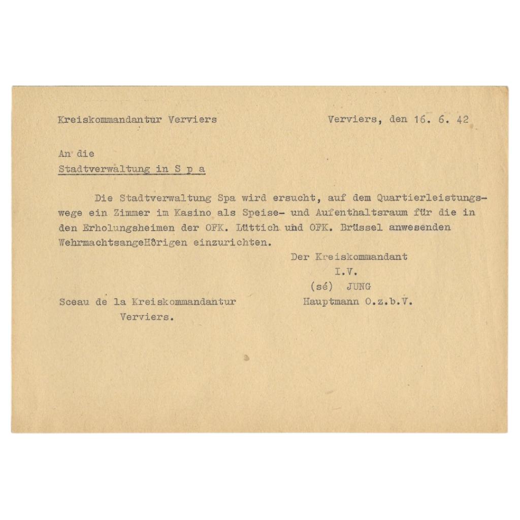 Duits Document Inrichting Wehrmacht-verblijf Kasino Spa 1942, Enlèvement ou Envoi, Armée de terre, Autres types