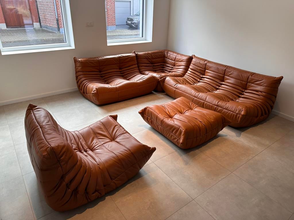 Cognac lederen modulaire zithoek, onberispelijke staat!, Huis en Inrichting, Ophalen of Verzenden, Knoll togo leolux ligne roset cassina b&b italia vitra artifort