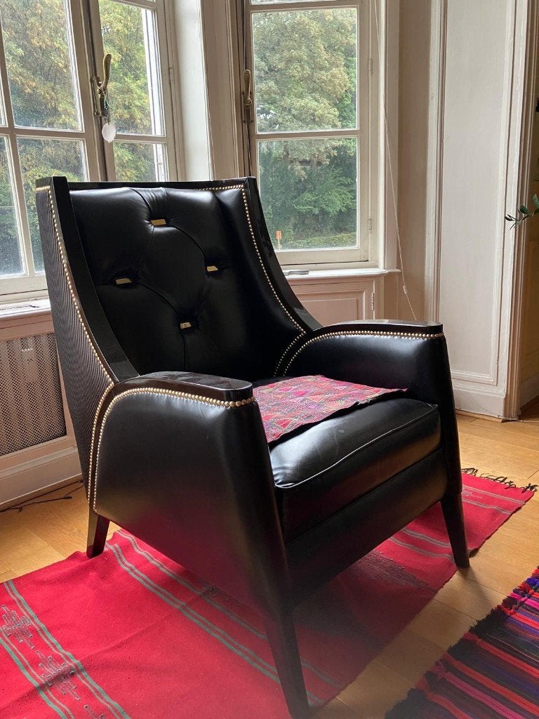 Black Leather Chair / Fauteuil Noir, Ophalen, Kunststof, 75 tot 100 cm, Zo goed als nieuw