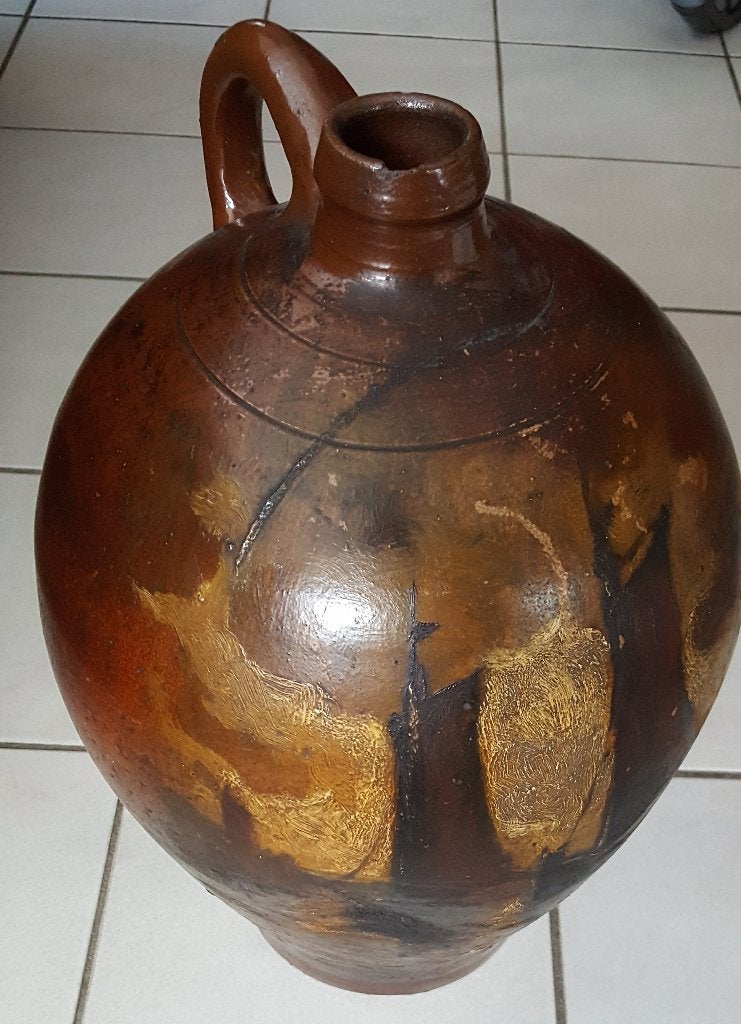 bruine aardewerken kruik met beschildering, Antiek en Kunst, Ophalen