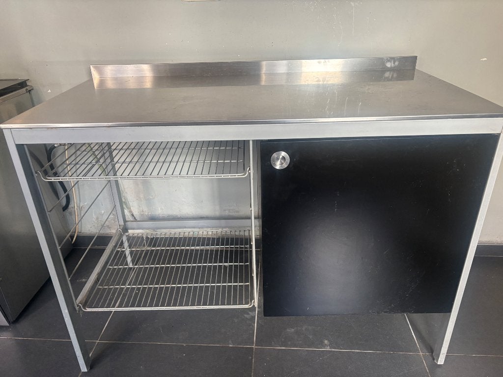 Inox/RVS keukenwerktafel met kast en legplanken, Ophalen, Gebruikt