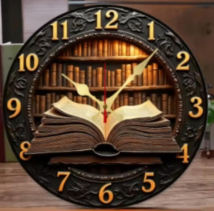 Ronde wandklok van hout Bibliotheek (25cm) Nieuw., Ophalen of Verzenden, Nieuw, Wandklok