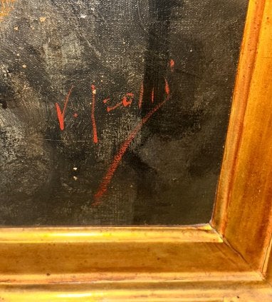 Antiek olieverfschilderij, gesigneerd V. Irolli, lijst, Ophalen of Verzenden, Bijzondere lijst, Doek