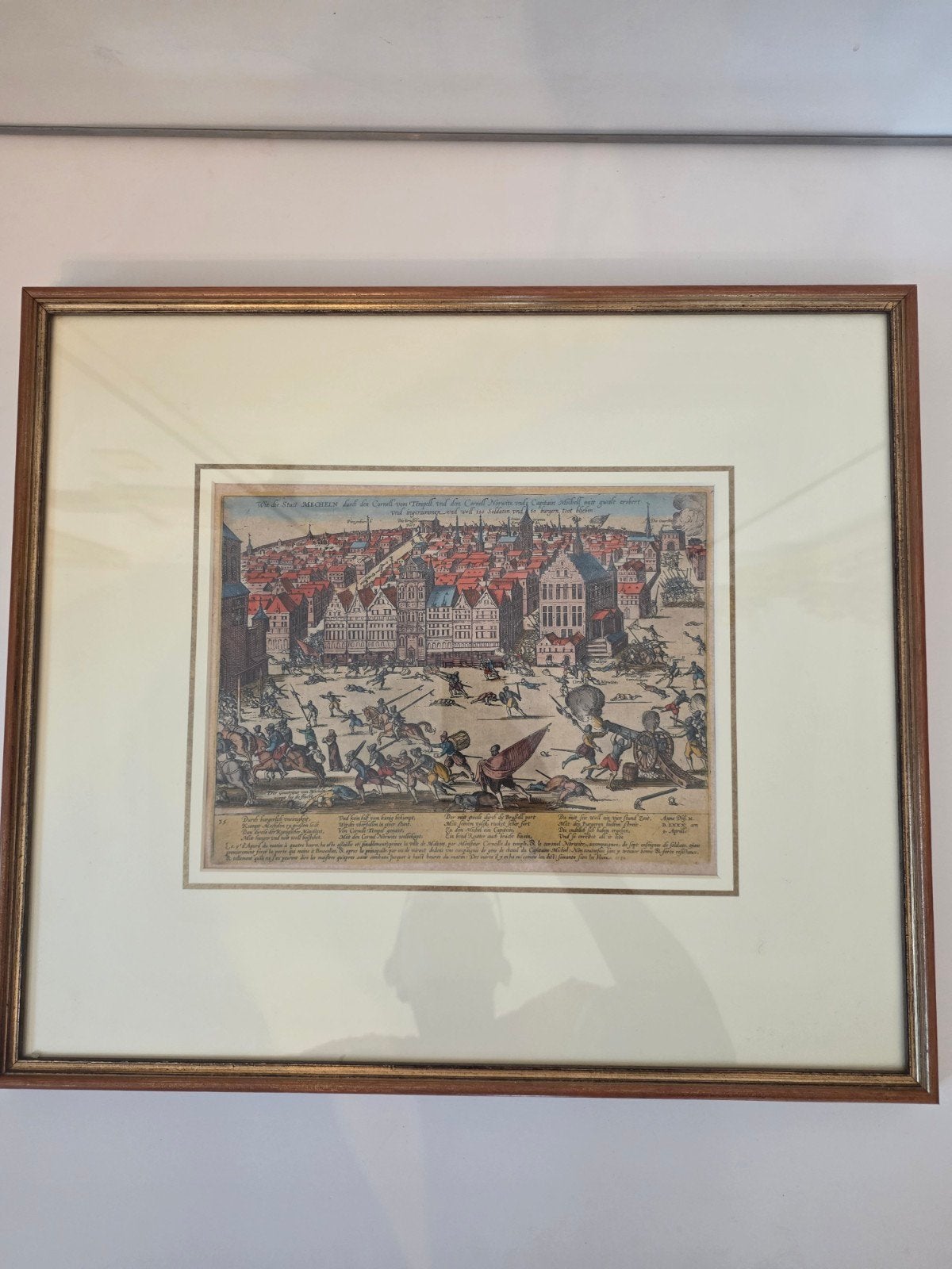 Frans Hogenberg (ca. 1535–1590) - De verovering van Mechelen, Ophalen, Cartografie, Gravure, Handgekleurd
