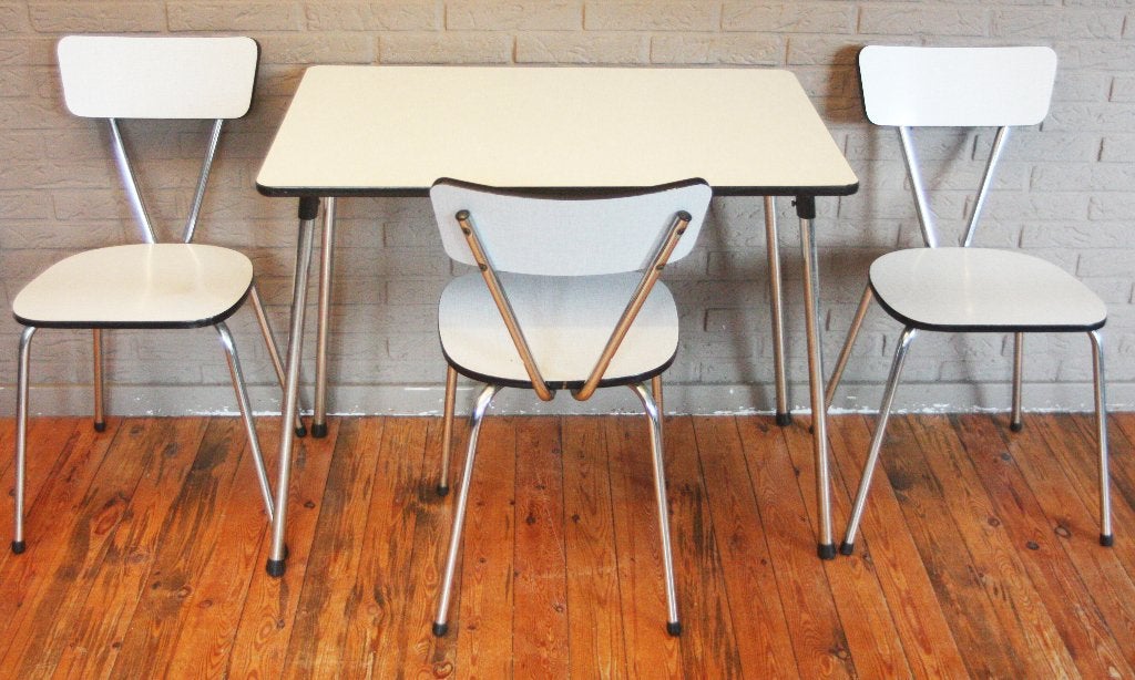 Lichtgrijze Formica Tafel + Formica Stoelen / Jaren 60, Ophalen, Overige houtsoorten, Zo goed als nieuw, Vintage / Jaren 60
