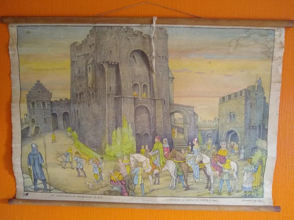 Oude schoolplaat Gravensteen Gent jaren 20, Antiek en Kunst, Ophalen, Geschiedenis