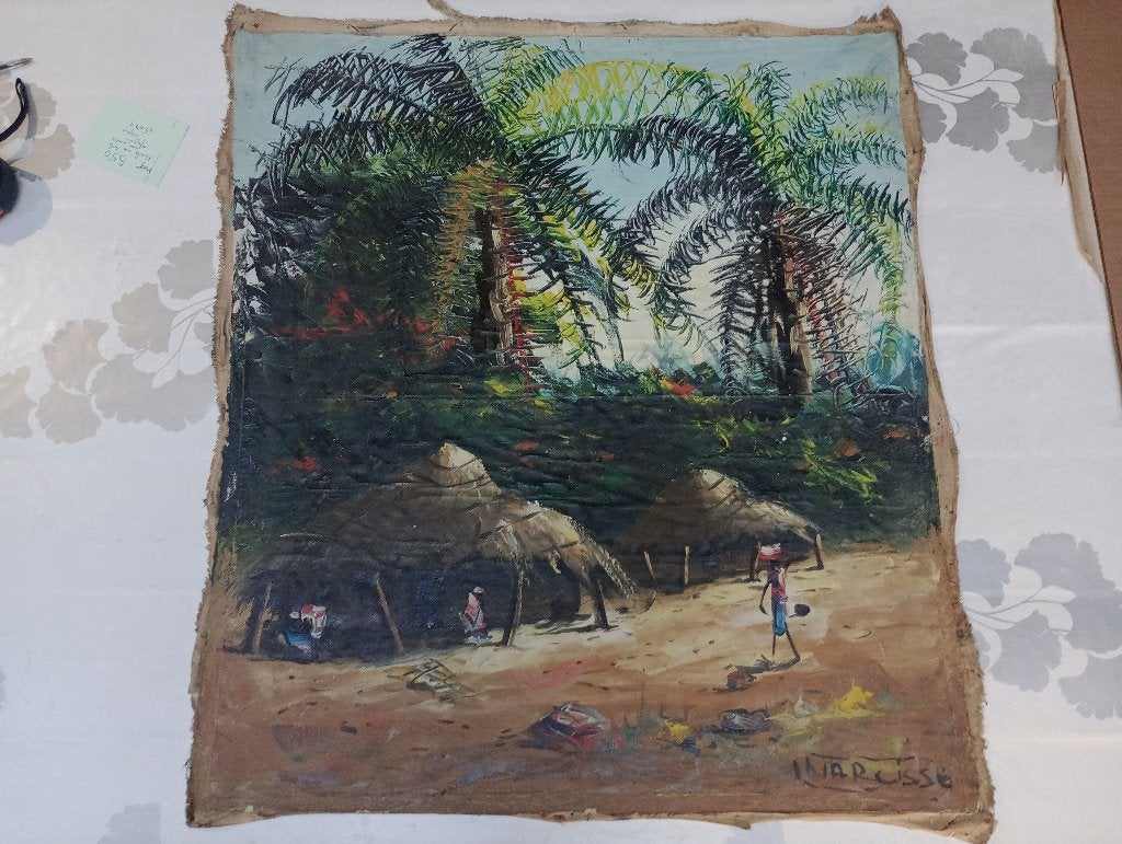 Peinture huile Afrique village signée Narcisse,65x71,B50, Enlèvement ou Envoi, Peinture à l'huile, Toile