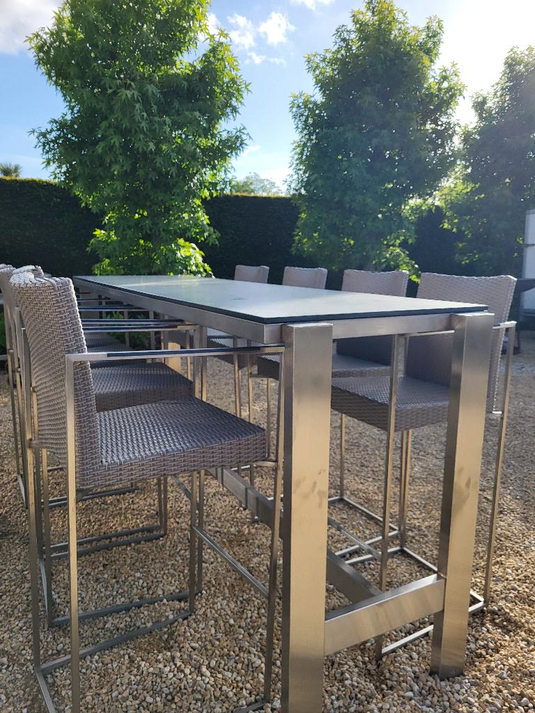 Bartafel inox & 8 barstoelen, Tuin en Terras, Ophalen, Inox, Gebruikt, Eettafel