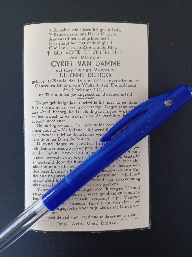 oorlogsslachtoffer WO II VAN DAMME Cyriel  Nevele, Verzamelen, Ophalen of Verzenden, Bidprentje