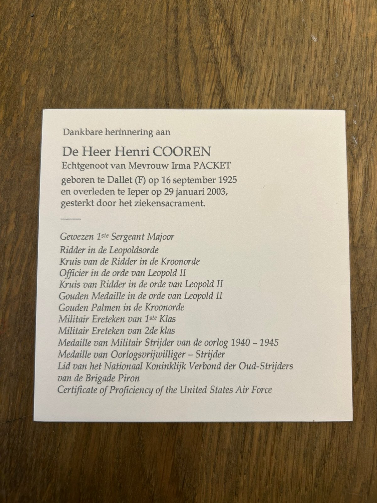 Rouwkaartje oorlogsvrijwilliger Brigade Piron, Boeken, Ophalen of Verzenden, Zo goed als nieuw