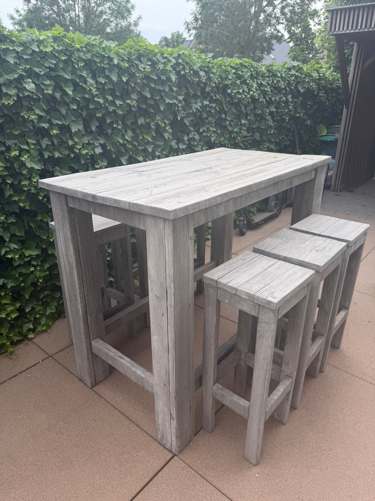 Bartafel met 6 barkrukken in steigerhout, Ophalen, Gebruikt, Eettafel, 6 zitplaatsen