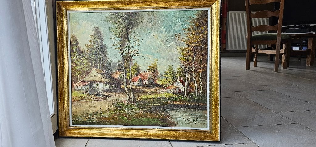 Schilderij van W.Hoesen, Antiek en Kunst, Kunst | Schilderijen | Klassiek, Ophalen, Doek, Olieverf, Stads- / dorpsgezicht