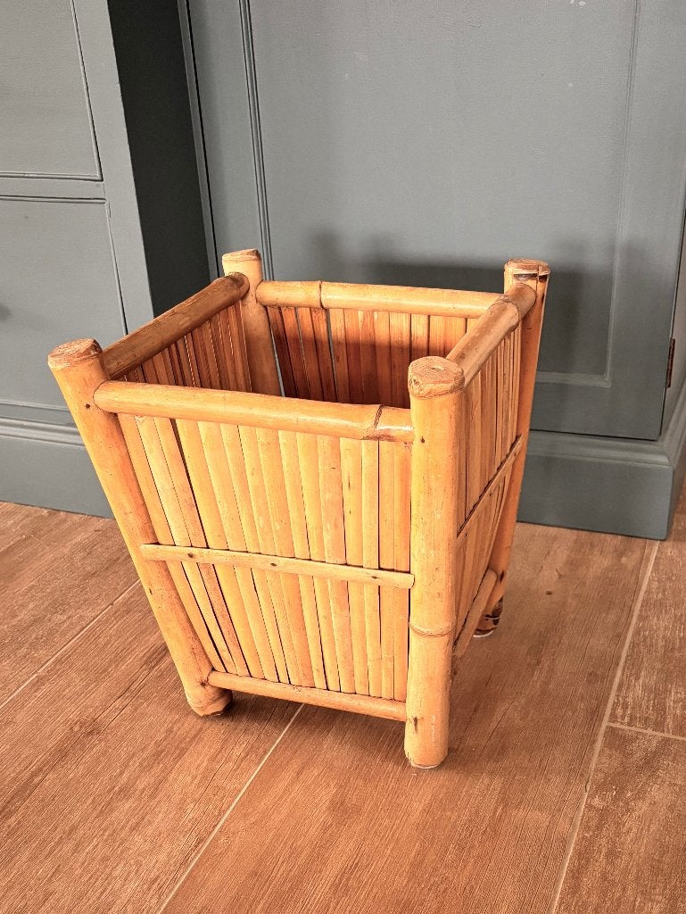 Jardinière rétro vintage en bambou, pot de fleurs carré, Jardin & Terrasse, Enlèvement ou Envoi, 25 à 40 cm, Autres matériaux