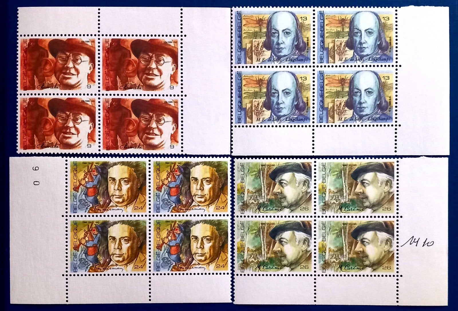 1986 Personnalités belges MNH ** - COTB 2225/28 blocs de 4, Neuf, Non oblitéré, Gomme originale, Envoi