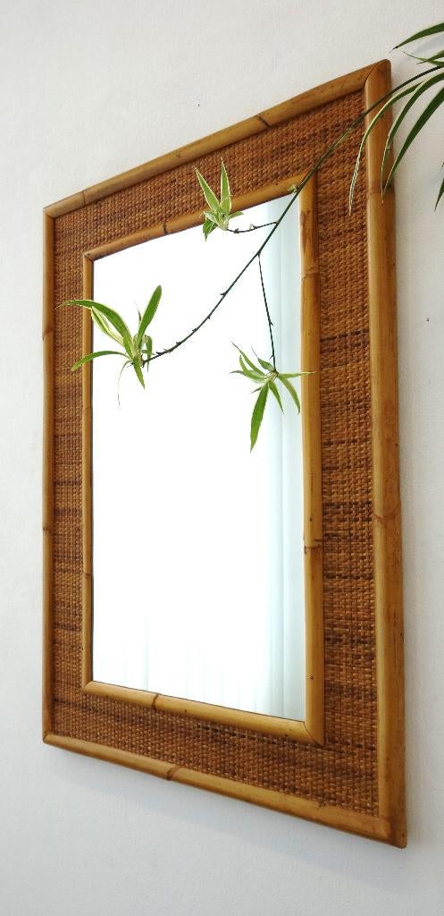 Vintage Dal Vera XL rotan spiegel bamboe wandspiegel 70s, Enlèvement ou Envoi, Moins de 100 cm, Utilisé, 50 à 75 cm