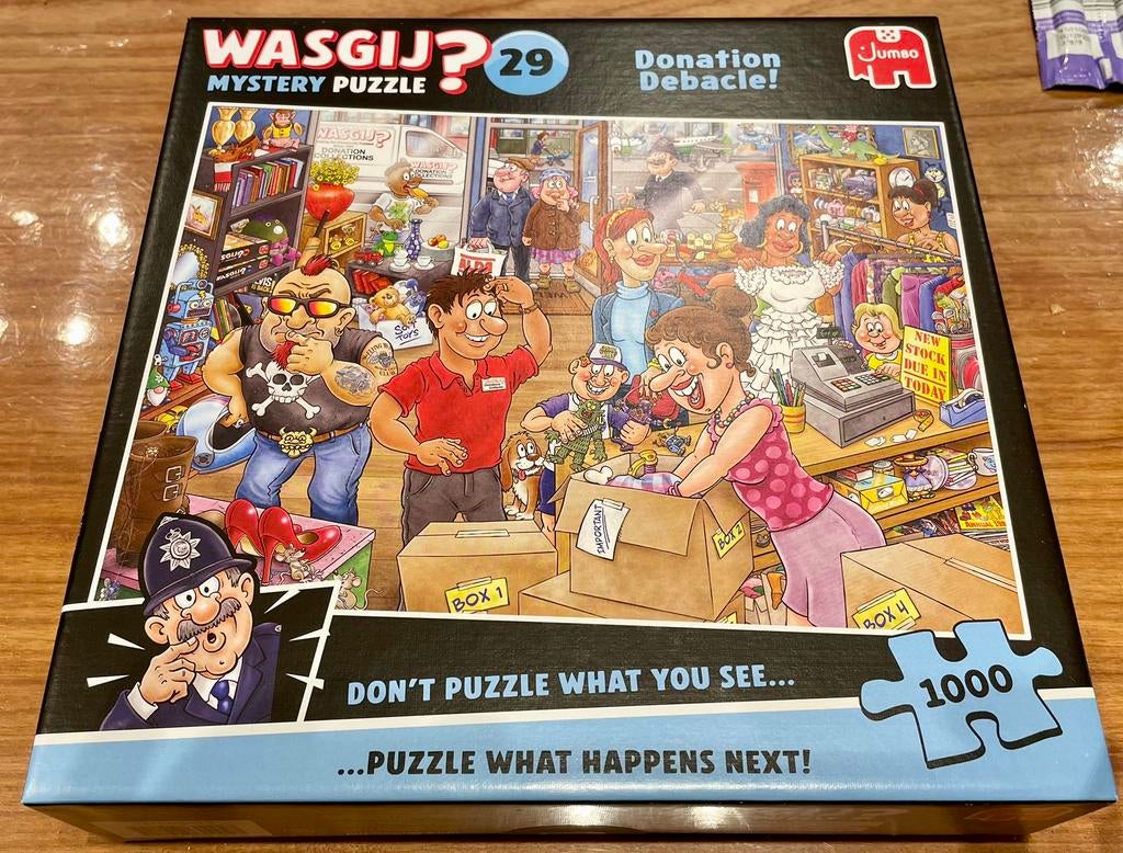 Wasgij Mystery Puzzle 29 Donation Debacle 1000 pièces, Enlèvement ou Envoi, Comme neuf
