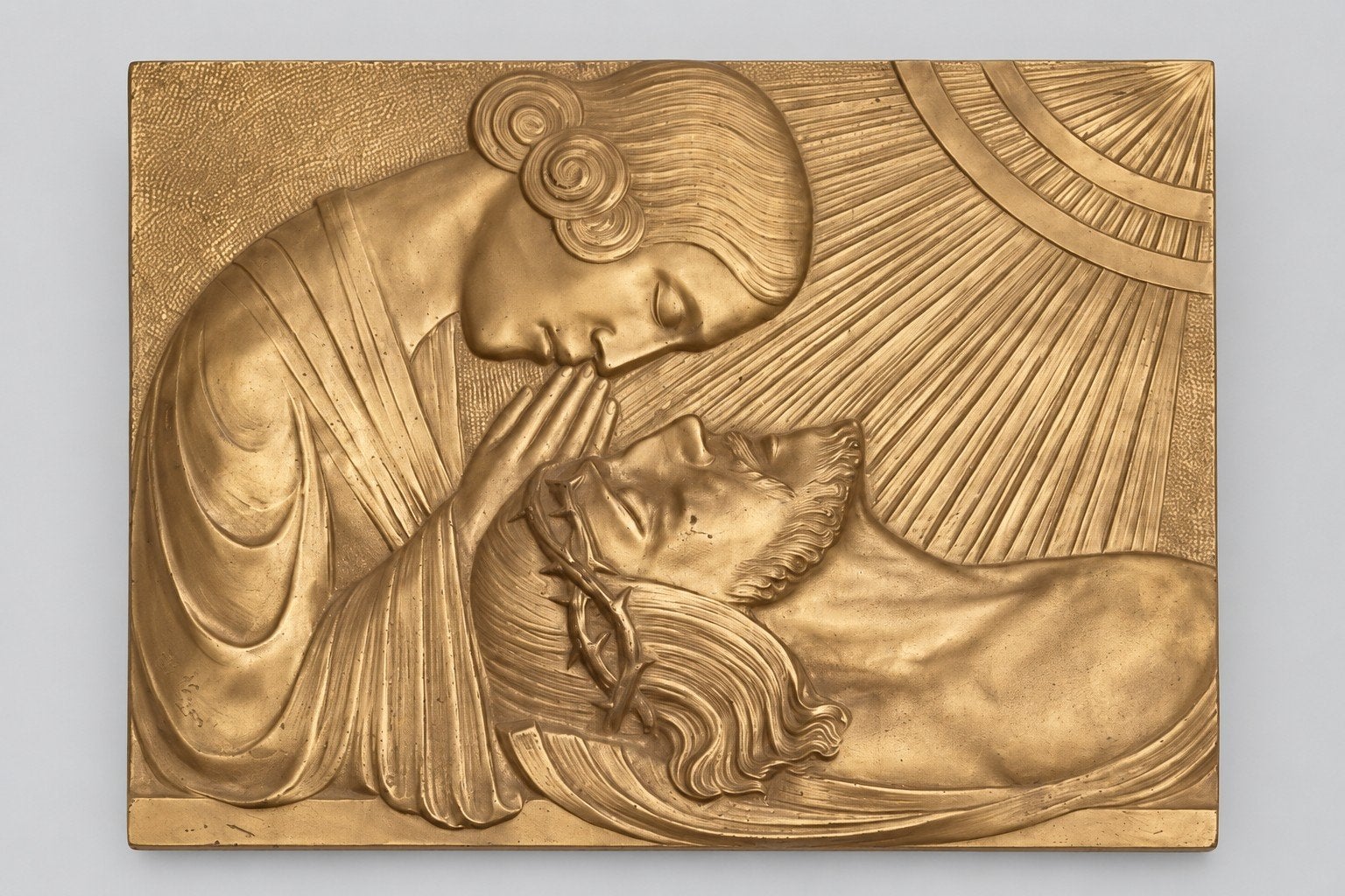 Goudkleurig religieus wandreliëf met voorstelling van Maria, Enlèvement ou Envoi, Bronze