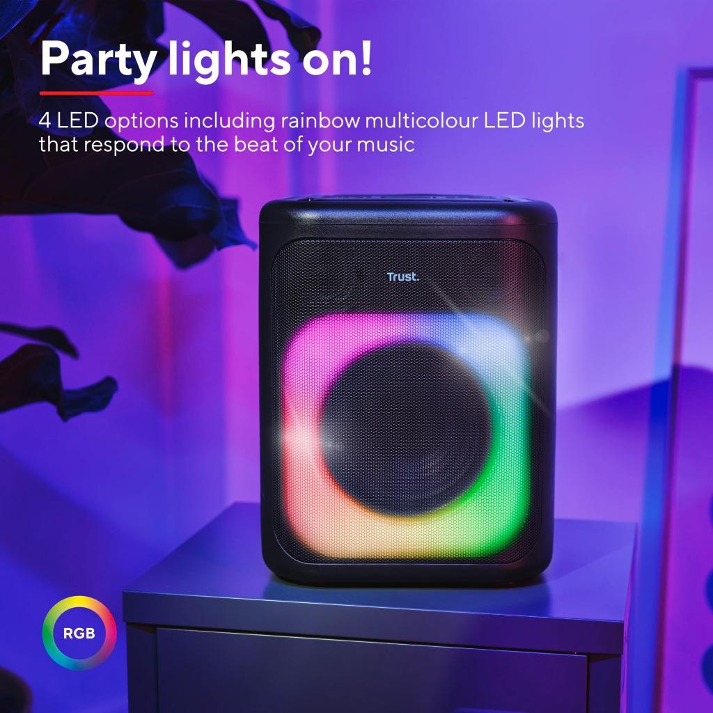 Splintetnieuwe draadloze (11 uur!!) Trust rgb partybox 100w, TV, Hi-fi & Vidéo, Enceintes, Enlèvement ou Envoi, Neuf, 60 à 120 watts
