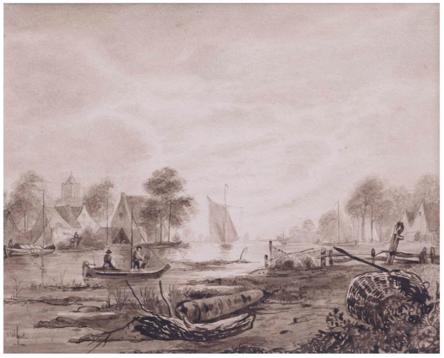19e-Eeuws Riviergezicht – Tekening in Bruine Inkt & Lavis, Ophalen of Verzenden