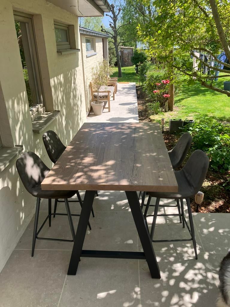 Robuuste hoge eettafel + 4 barstoelen, Enlèvement, Comme neuf