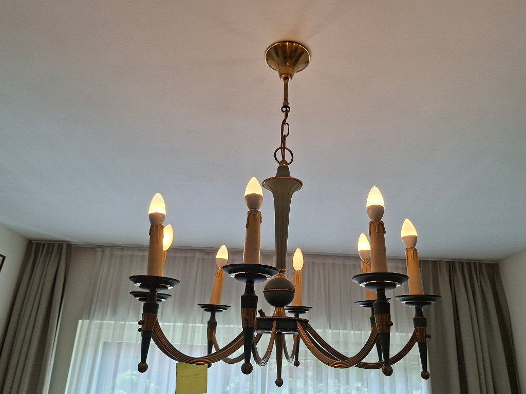 Kroonluchter 8 lampen messing groen jaren 1950, Huis en Inrichting, Lampen | Kroonluchters, Ophalen, Gebruikt, E14 (klein), Metaal