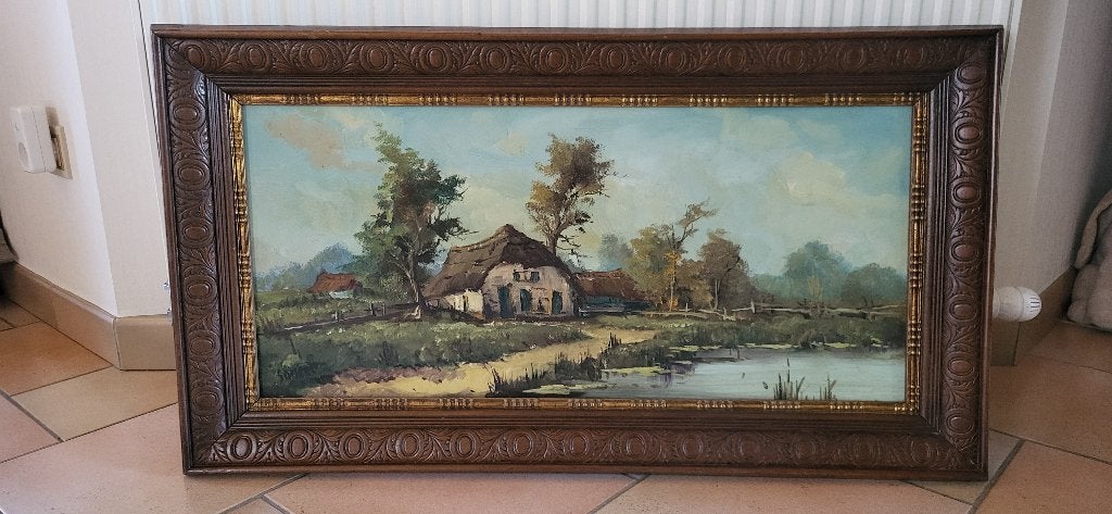 Authentiek landschapsschilderij met mooie antieke kader, Ophalen, Paneel, Landschap, Olieverf