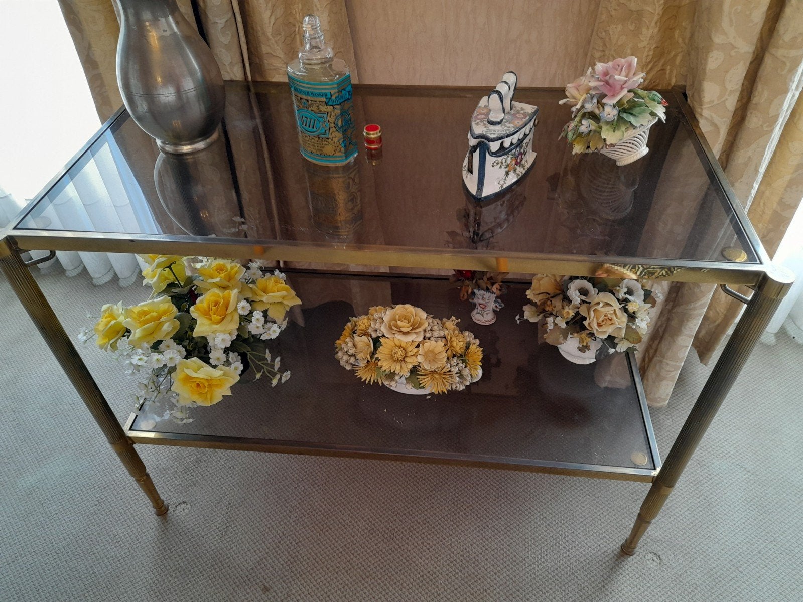 tafel glas en koper, Huis en Inrichting, Ophalen, 100 tot 150 cm, Glas met koper, Glas